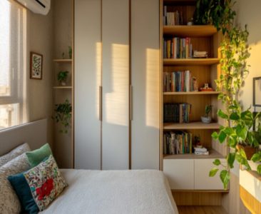 Modern 3-Door Swing Wardrobe Design with Open Shelving Modern 3-Door Swing Wardrobe Design with Open Shelving