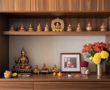 Modern Mandir Design With Storage Cabinets And Shelves-img