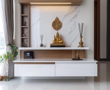 Modern White Pooja Room Design with High Gloss Laminate Storage-img